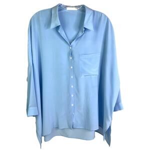 Anne‎ Fontaine Blouse Womens 40 Blue Silk 3/4 Sleeves Button Front Silk Collared